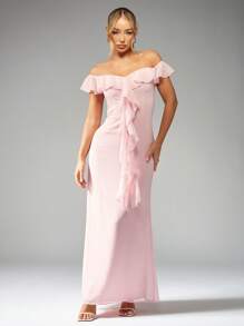 MISSGUIDED 露肩荷叶边长款晚礼服，拖地长款，特殊场合，伴娘，婚礼，宾客礼服，高腰优雅礼服，带层叠荷叶边 - 粉色 - 查看 1