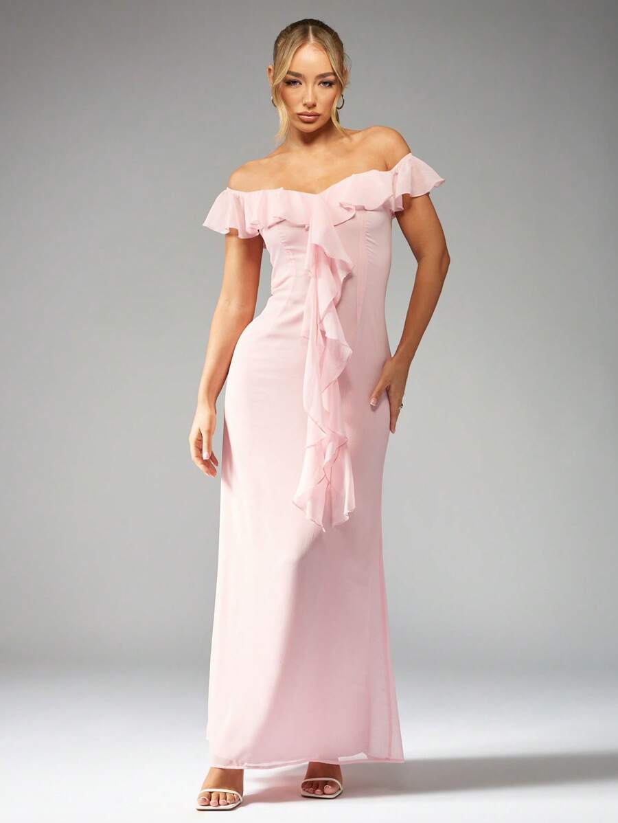MISSGUIDED 露肩荷叶边长款晚礼服，拖地长款，特殊场合，伴娘，婚礼，宾客礼服，高腰优雅礼服，带层叠荷叶边 - 粉色 - 查看 1
