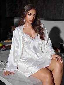 SilkySpell 2pcs Plus Size Embroidered V-Neck Camisole Nightgown And Long Sleeve Robe Satin Pajama Set, Fall Winter Clothes - White - View 4