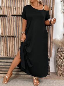 SHEIN PETITE Vestido diario sólido y simple para mujeres de talla grande, atuendo de mujer maxi para el Día de Acción de Gracias, de hombros descubiertos, atuendo de mujer para el verano