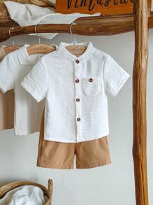 Vintaside Kids Babyboy 婴幼儿男童夏季时尚百搭立领短袖白衬衫搭配休闲简约短裤套装，适合度假、旅行、聚会和派对 - 白色 - 查看 3