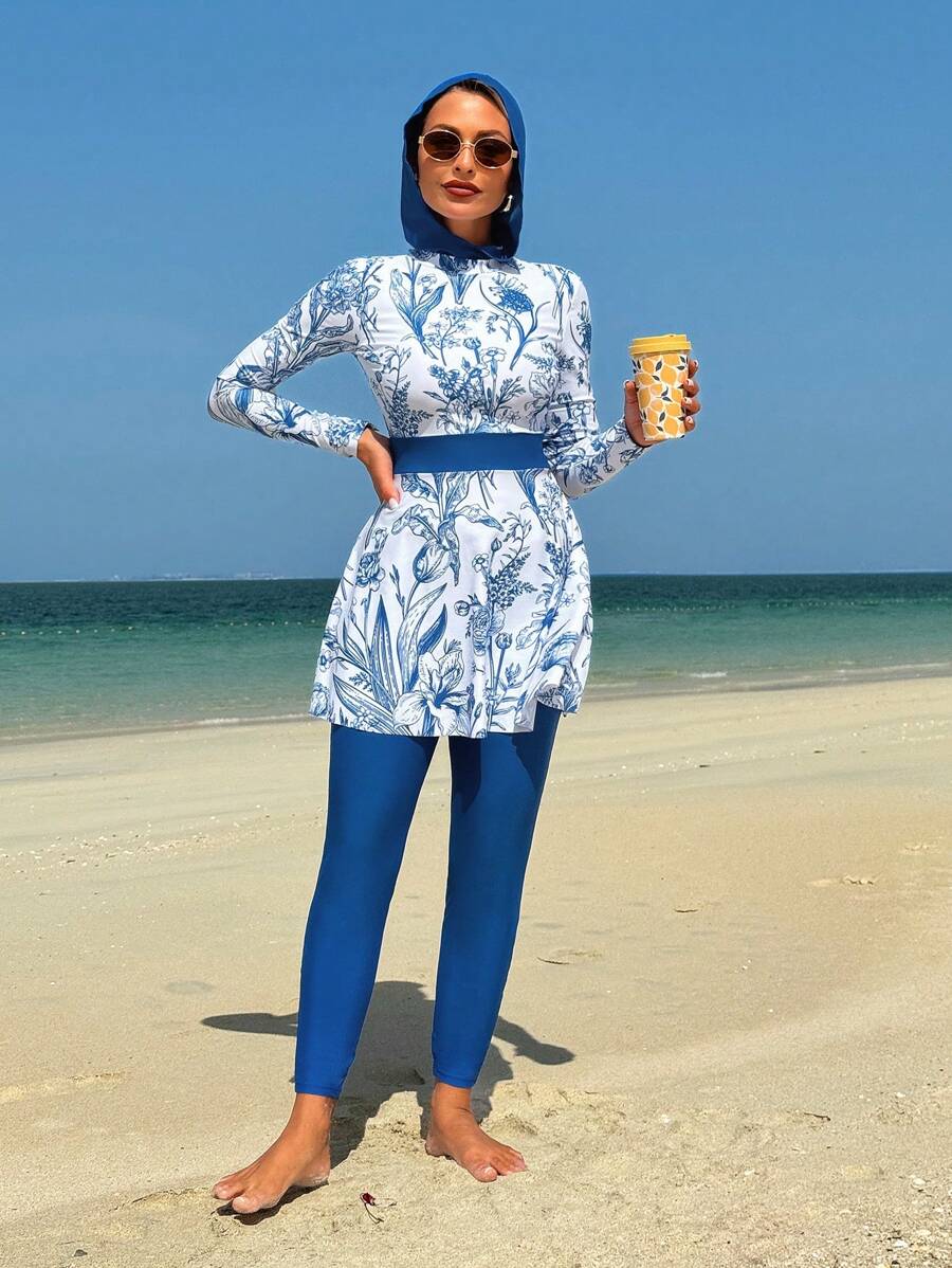 Swim Mulvari 2pcs/Set Women Beach Summer Outfit, Plant & Floral Print High Neck Long Sleeve Hoodie Top And Dress, Modest Vacation Swimwear - Blue and White - View 1