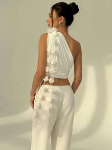 Aloruh Women's Solid Color 3D Floral Decor Sleeveless Pleated Blouse - White - View 2