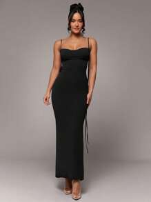 Silquee Váy yếm hở lưng màu đỏ gợi cảm cho mùa xuân và mùa hè, thanh lịch cho ngày lễ tình nhân, tiệc cocktail, hẹn hò lãng mạn, váy đan lưới, tiệc tùng, phù dâu cưới, đêm đi chơi, Halloween, Giáng sinh, váy dài thêm - màu đen - Xem 5