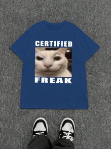 INAWLY 夏季女式修身 T 恤，印有笑脸猫和英文口号，休闲 T 恤图案 T 恤女式上衣 - 藍色 - 查看 1