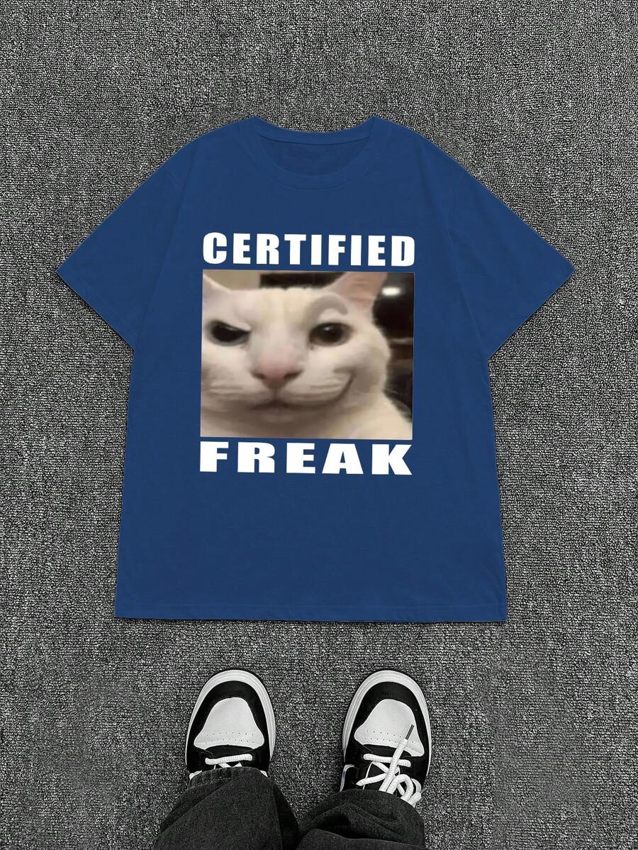 INAWLY 夏季女式修身 T 恤，印有笑脸猫和英文口号，休闲 T 恤图案 T 恤女式上衣 - 藍色 - 查看 1