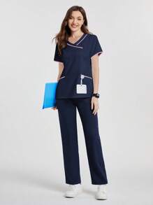 SHEIN TaskFit V 领口袋短袖手术服制服上衣