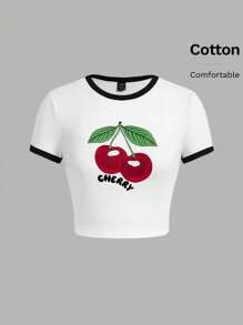 Muchica Women's Cherry Print Contrast Color Round Neck Short Sleeve T-Shirt