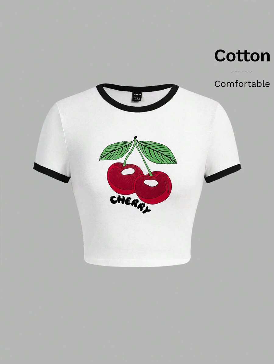 Muchica Women's Cherry Print Contrast Color Round Neck Short Sleeve T-Shirt