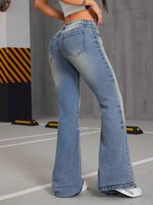 SHEIN ICON Street Style Retro Low Waist Flared Women's Jeans - Medium Wash - View 2