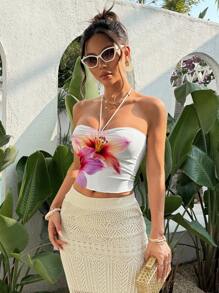 Glamance myriadwaveart Floral Print Women's Cropped Halter Top, Summer Music Festival Beach Holiday
