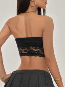 SHEIN PETITE Top corto de mujer estilo corset con encaje y bajo asimétrico, sexy y entallado - Negro - Ver 2