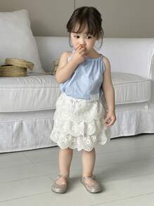 SHEIN Baby Girl 0-3 Years Spring/Summer Sweet Elegant Pastoral Vacation Versatile Crochet Embroidered Tiered Cake Skirt, All Season Baby Girl Clothes Skirt Baby Clothes For Girls Baby Girls Dresses Newborn Baby Girl Skirts Girl Clothes Baby Baby Skirt - White - View 5