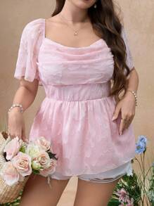 SHEIN Unity 大码优雅浪漫春夏雪纺刺绣花朵剪裁摆领飘逸喇叭袖夏季女装户外上衣衬衫 - 粉色 - 查看 4