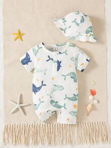 SHEIN Baby Boys Casual Daily Whale Pattern Snap Crotch Short Sleeve Romper, Suitable For Outdoor Play Or Comfortable Indoor Wear - White - View 9