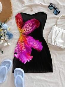 Soleia Vestido mini informal de estilo resort con estampado floral tropical, adecuado para verano y playa