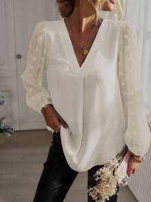 大码女式简约灯笼袖 V 领衬衫、工作服