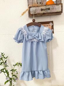 Toddler Girl Cute & Elegant Blue Lace Shoulder Trim Bow Front Puff Sleeve Over The Knee Nightgown Loungewear - Blue - View 7