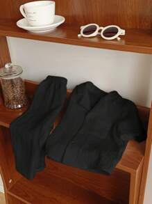 男婴休闲韩版纯色提花翻领短袖上衣和裤子 2 件套，适合居家、户外、度假穿着、夏季 - 黑色 - 查看 4