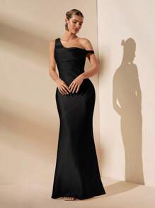 SHEIN BAE Spring/Summer Sexy Minimalist Solid Yellow Satin Asymmetric One Shoulder Hollow Back Tied Backless Dress, Suitable For Party, Cocktail Party, Wedding, Bridesmaid Dress, Birthday Occasion - Black - View 5