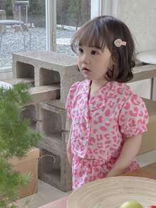 Set de 2 piezas Conjunto de chaqueta cortavientos de leopardo de doble botonadura elegante y minifalda para niña bebé, adecuado para paseos en primavera/verano - Rosa - Ver 7