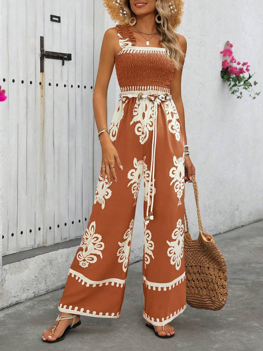 Breezaya 女士花卉印花宽松连体裤，带吊带，休闲度假装 - 亮橙色 - 查看 1