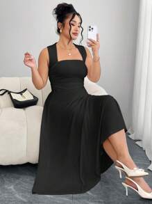 Modelyn Vestido largo de talla grande para mujer con dobladillo plisado lateral, unicolor