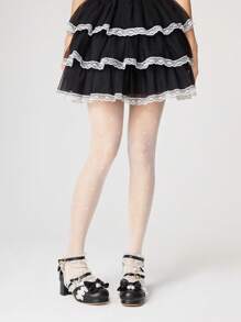 ROMWE Kawaii 女士黑色露趾玛丽珍鞋，带蕾丝边，洛丽塔风格 JK 蕾丝带皮革高跟鞋 - 黑色 - 查看 3