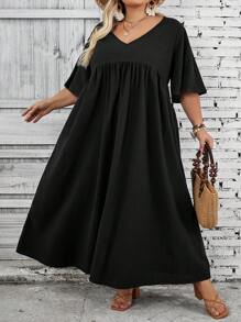 SHEIN CURVE+ 大码女式休闲黑色纯棉面料 V 领短袖娃娃教师连衣裙波西米亚风度假