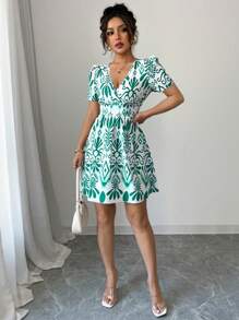 Elenzga Đầm ôm body mini in họa tiết xếp ly dành cho nữ - màu xanh lá - Xem 5