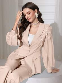 Modelyn 2pcs Chiffon Ruched Bow Blazer Jacket + Pants Suit Set, For Women, Spring/Summer - Pink - View 1