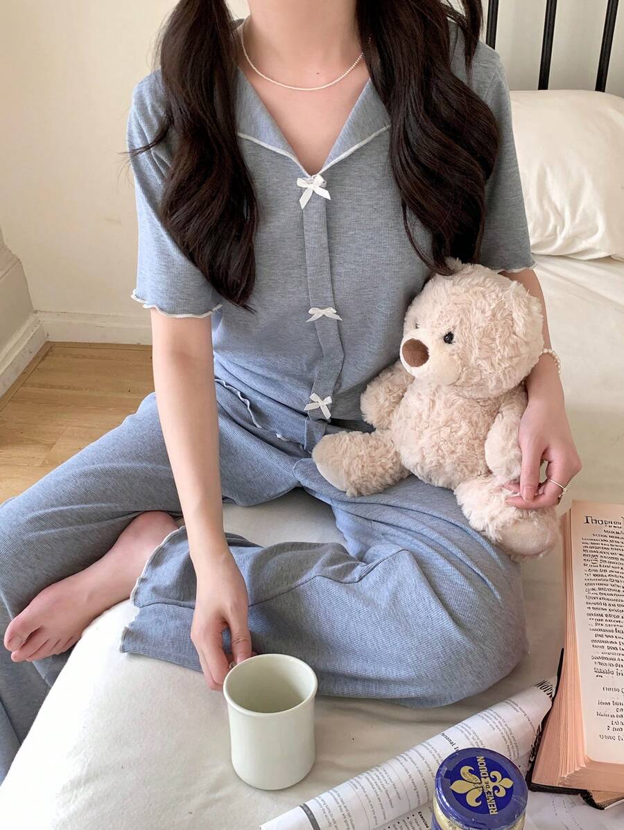 SHEIN Dozemod Teen Girl Teen Girl Simple Ribbon Bow Decor V-Neck Ruffle Sleeve Soft & Cozy Knit Ribbed Loungewear 2 Pieces Set - Grey - View 1