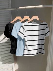 SHEIN EZwear Set da 3 maglie oversize a righe bianche e nere e di colore unito