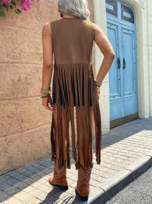 Breezaya Plus Size Sleeveless Long Fringe Music Festival Coat, Atmospheric