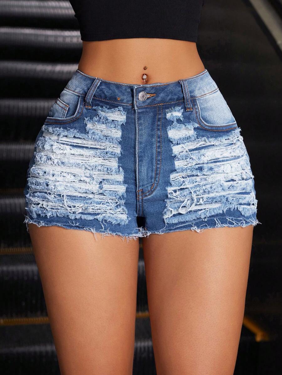SHEIN ICON Shorts vaqueros skinny rasgados de moda para mujer, de verano - Azul - Ver 1