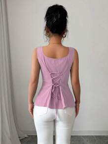 Elenzga Áo cánh không tay cổ buộc màu xanh thanh lịch cổ điển mới cho đi làm và đi nghỉ - Hồng - Xem 2