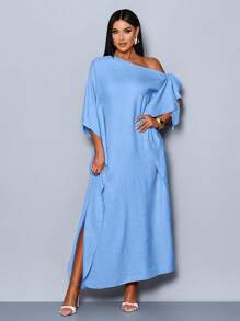 SOLERSUN 春夏女装优雅通勤性感斜肩蝴蝶结海边度假聚会派对长袍纹理面料杏色长裙 - 藍色 - 查看 6