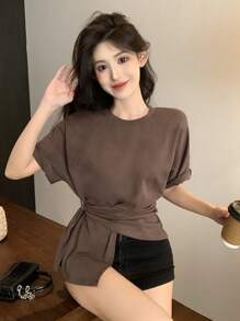DAZY 女士纯色休闲扭纹圆领短袖 T 恤 - 咖啡棕 - 查看 6