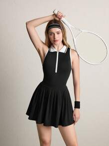 Gameset SHEIN Sport 撞色镶边镂空后背休闲瑜伽运动连衣裙运动服 - 黑色 - 查看 2