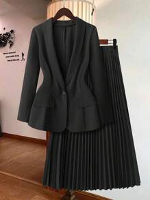 GlowEve CURVE Plus Size Women's Solid Color Long Sleeve Blazer & Midi Ruched Skirt Set Graduation,Back To School,Teacher Outfits For Women Fall Cloth For Women Autumn - Black - View 1