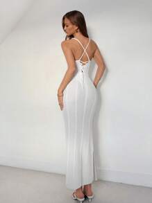 Roylia Vestido suéter largo ceñido con tirantes finos y abertura lateral de unicolor para mujer - Blanco - Ver 2