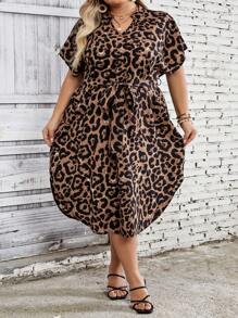 SHEIN CURVE+ Plus Size Women Leopard Print Short Sleeve Mini Dress - Multicolor - View 7