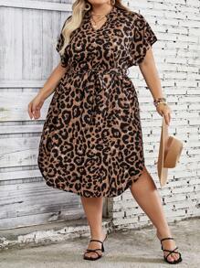 SHEIN CURVE+ Plus Size Women Leopard Print Short Sleeve Mini Dress - Multicolor - View 8