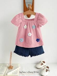 Cozy Pixies 2pcs/Set Toddler Girls Floral Embroidery Collar Bubble Sleeve Top And Elastic Waist Pants