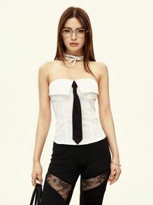 INAWLY Débardeur mode polyvalent à design nœud papillon pour femmes - Blanc - Voir 1
