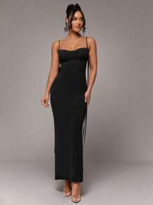 Silquee Váy yếm hở lưng màu đỏ gợi cảm cho mùa xuân và mùa hè, thanh lịch cho ngày lễ tình nhân, tiệc cocktail, hẹn hò lãng mạn, váy đan lưới, tiệc tùng, phù dâu cưới, đêm đi chơi, Halloween, Giáng sinh, váy dài thêm - màu đen - Xem 2