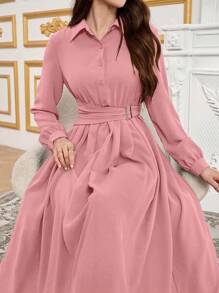 Modelyn Đầm dạ hội dài tay có cổ thắt nút đơn giản phía trước - Hồng - Xem 2