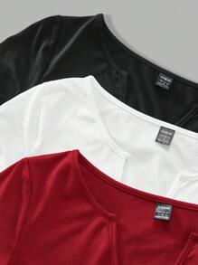 SHEIN EZwear 3pcs/Set Summer Casual Solid Color Notched Neck Ruched T-Shirts - Burgundy - View 6