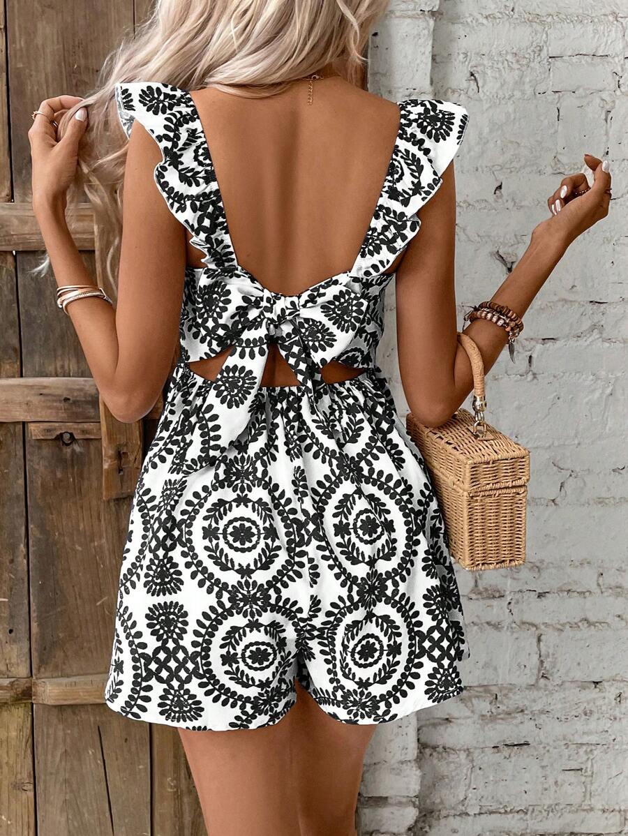 SHEIN Frenchy Bộ đồ liền thân trang trí nơ thắt lưng cho nữ - màu đen - Xem 1