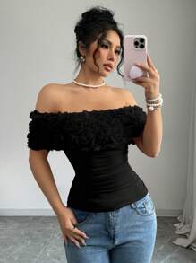 Rafferiza 浪漫情人节红色 3D 玫瑰露肩褶皱女式优雅褶皱紧身 T 恤 - 黑色 - 查看 4